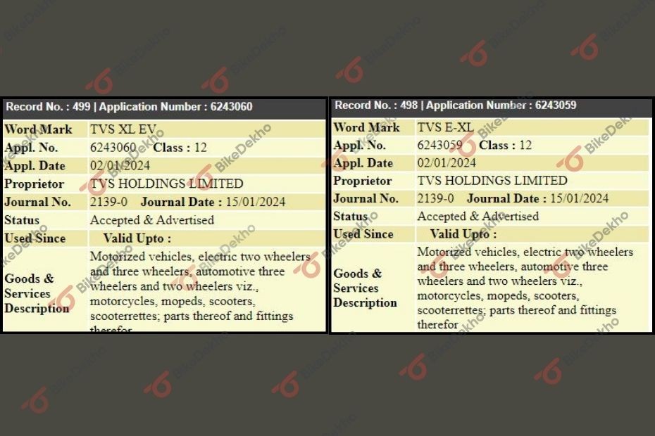 TVS XL Electric Trademark Filed - TVS E-XL TVS XL Electric Trademark Filed - TVS XL EV