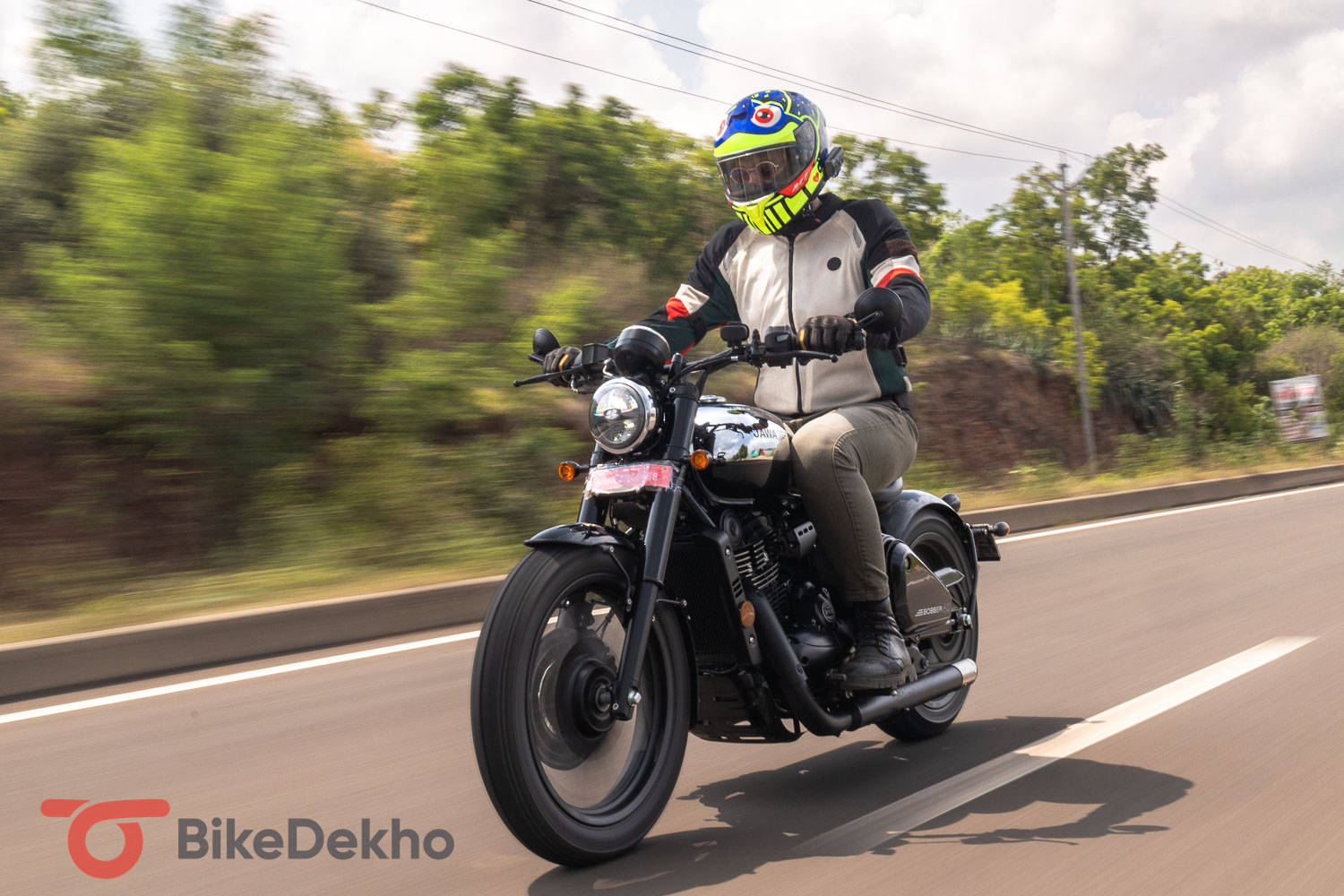 Jawa 42 Bobber Riding Front Three Fourth