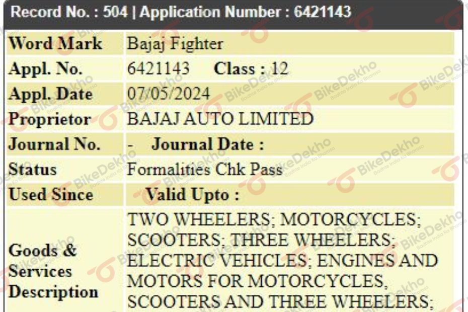 Bajaj Fighter Name Trademark Filed
