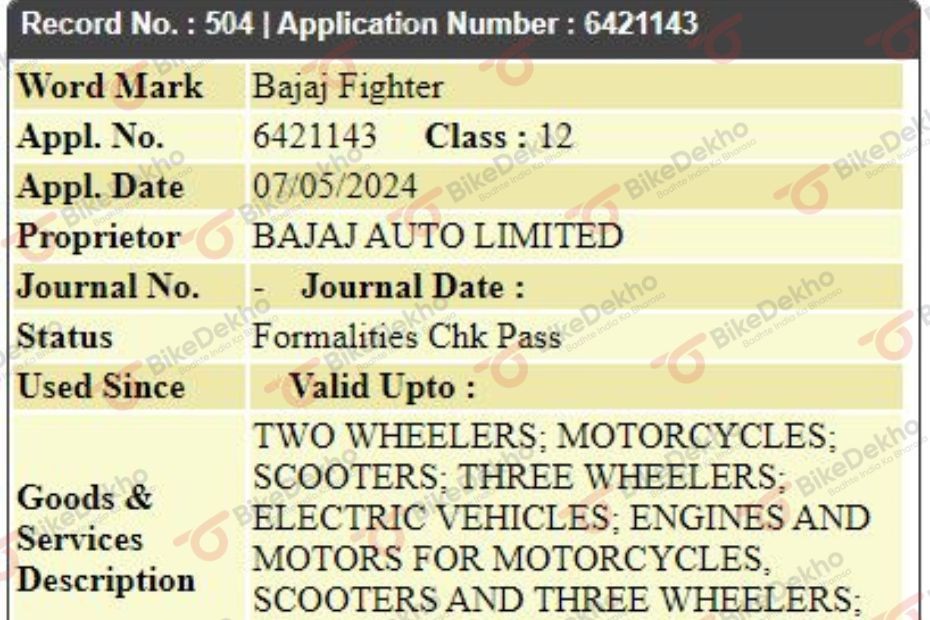 Bajaj Fighter Name Trademark Filed