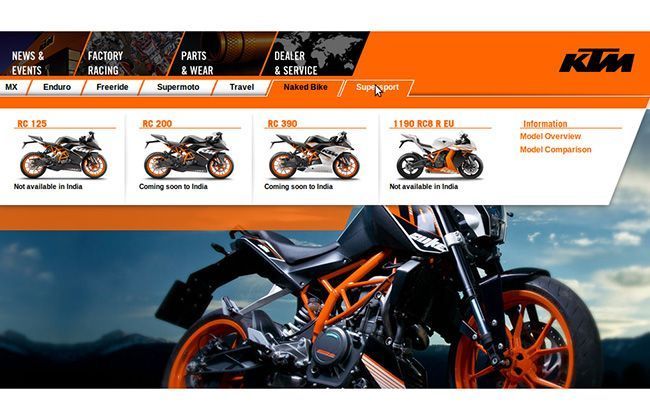 India to get both KTM RC 200 and 390 says Official Website